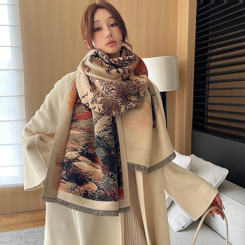 Имитация кашемирового шарфа для женщин на осень и зиму, изысканный модный шарф с китайской живописью, универсальная теплая шаль с кистями высокого класса