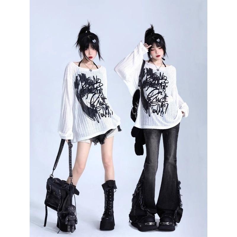 Футболка большого размера для женщин с принтом граффити, с открытыми плечами, с длинным рукавом, топы Y2k, Ropa Mujer, повседневная уличная одежда, модные футболки