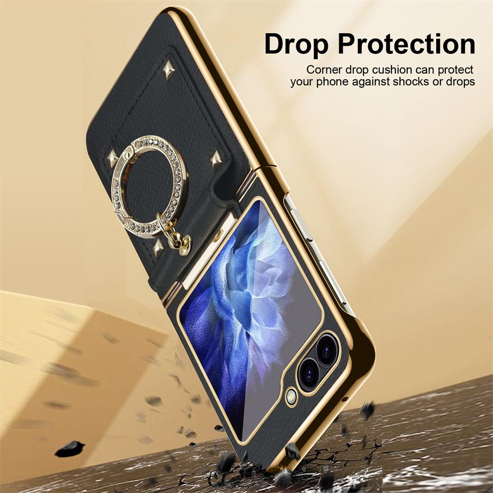Чехол для телефона Samsung Z Flip 6 5 4 3 Flip6 Flip5 с блестящими бриллиантовыми кольцами, кожаное покрытие, роскошный противоударный защитный задний чехол