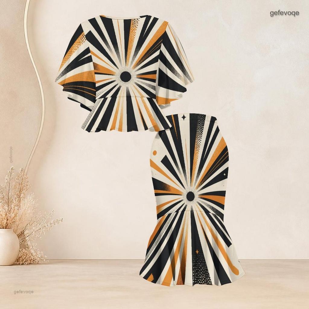 Women Plus Size Round Neck Batwing Sleeve Printed Ruffle Hem Top Fishtail Skirt Two Piece Set