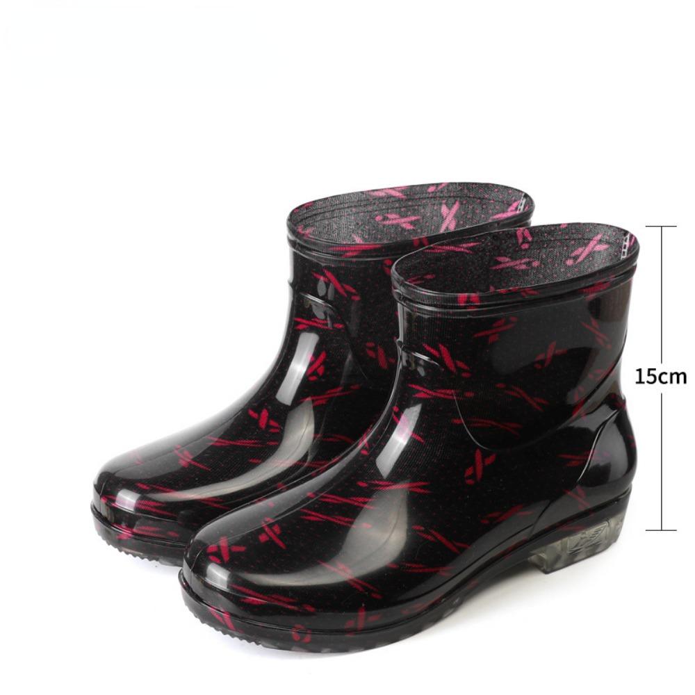 Fashion Short Tube Women's Rain Shoes Crystal Flower Cloth Fashionable Rubber Shoes Kitchen Anti Slip Waterproof Boots Garden Shoes