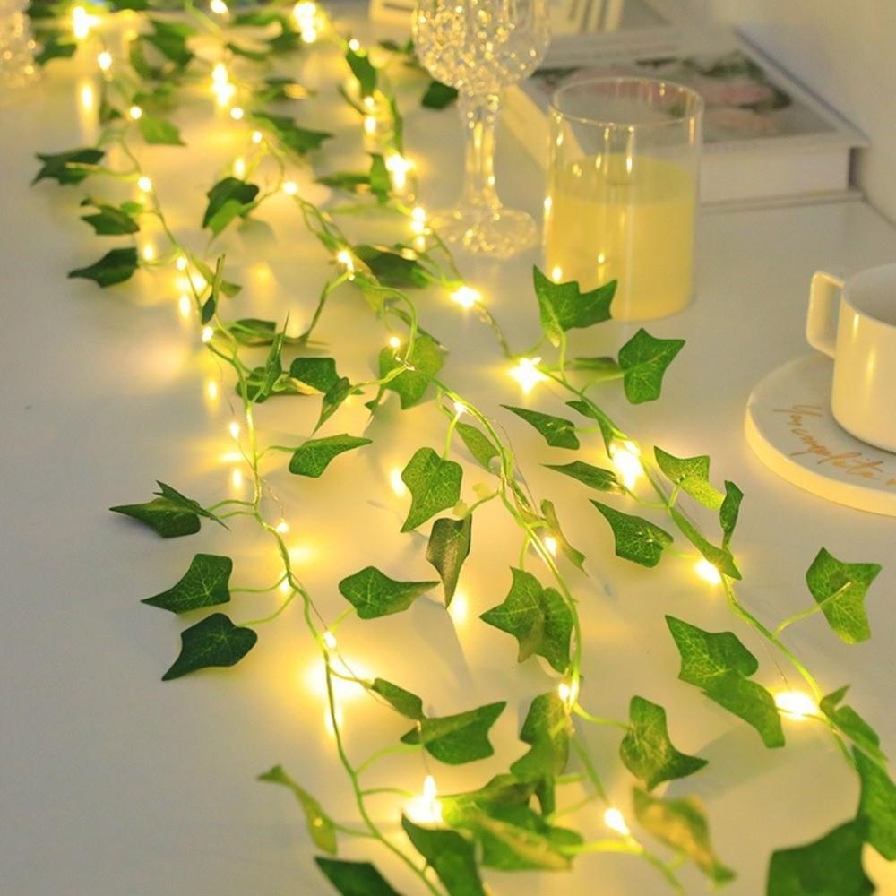 Plastic Leaf Garland String Lights Battery Powered Golden Leaves Artificial Vine Fairy Lights Warm Light Green Leaf