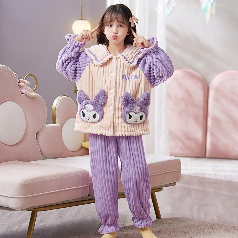 Kids Flannel Pajamas Set Boys Girls Warm Long Sleeve Top And Pants Sleepwear Winter Home Nightwear