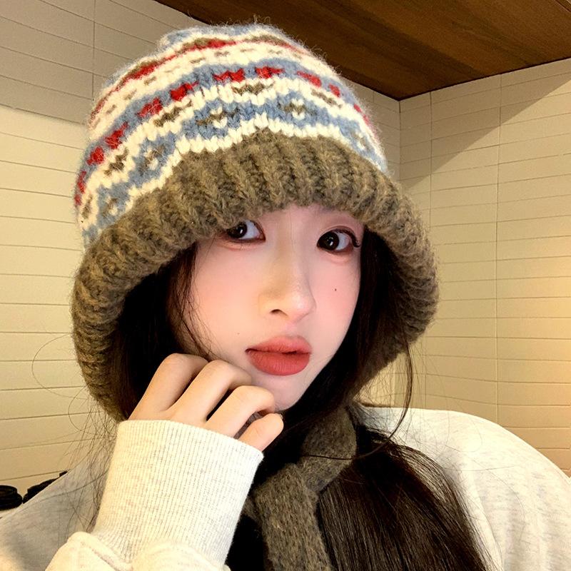 Wool Hat Women's Big Head Circumference Winter Cold Protection and Warm Ear Protection Knitted Cold Hat High-end Blue Pullover Bag Hat