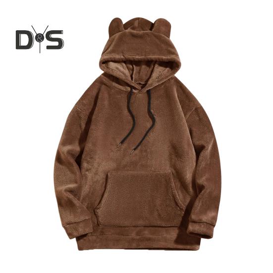 Зимняя мужская толстовка с капюшоном с декором в виде мультяшных ушей, двусторонний бархат с большим передним карманом, свободный длинный рукав, термотоп с эластичными манжетами, повседневная, на каждый день