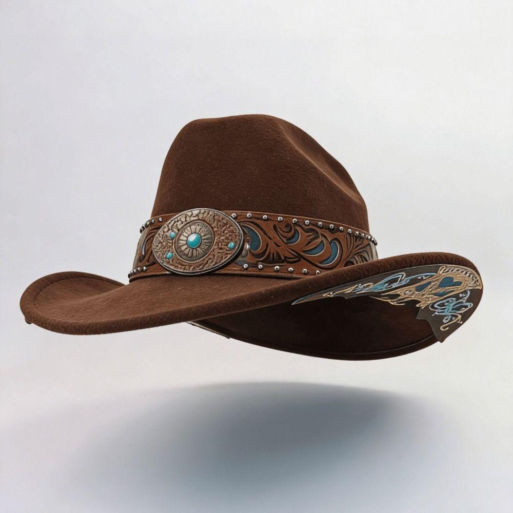 Wide Brim Western Cowboy Hat Turquoise Decor Western Cowgirl Hat Stage Performance