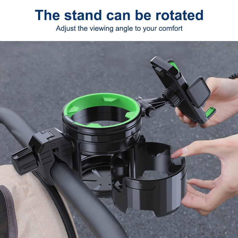 SEAMETAL 2 In 1 Motorcycle Stroller Cup Holder Phone Holder 360° Rotation Adjustable Universal for Bike Wheelchair Bicycle Rack