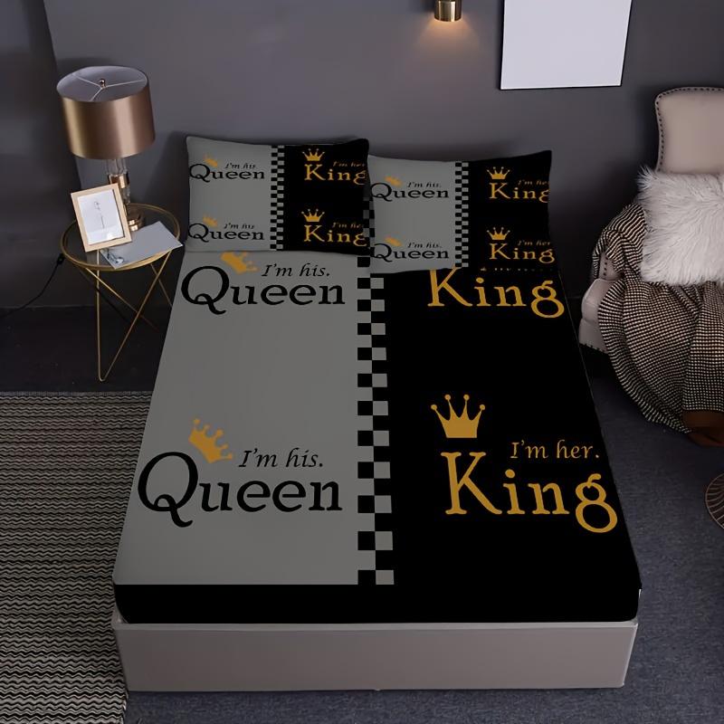 Комплект простыней на резинке с принтом Queen King Golden Crown Couple, 1 простыня на резинке + 2 наволочки, чехол для матраса, мягкий дышащий комплект постельного белья