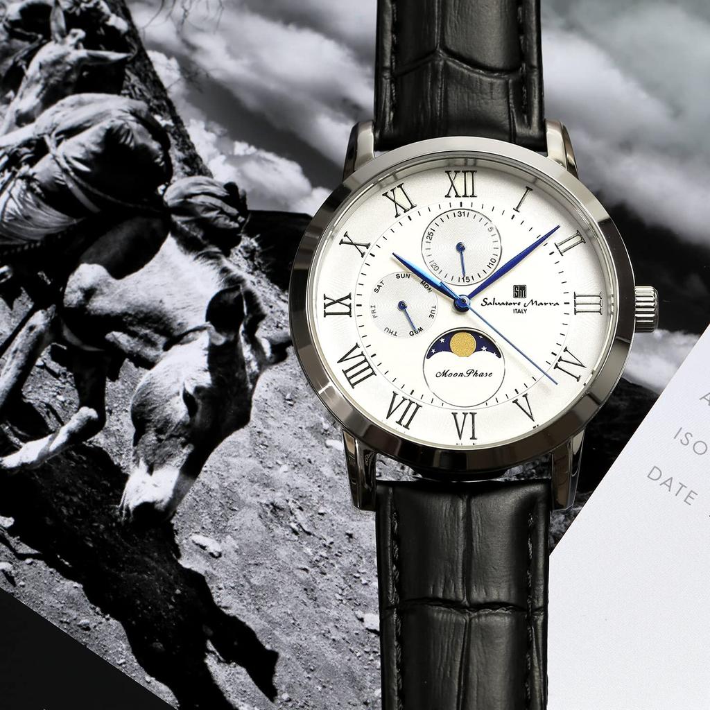 Часы Moon Phase Multi Calendar 5 ATM Water Resistant Business Formal Leather Belt Limited Model Silver White [Salvatore Mara] Men's SM21106-SSWH