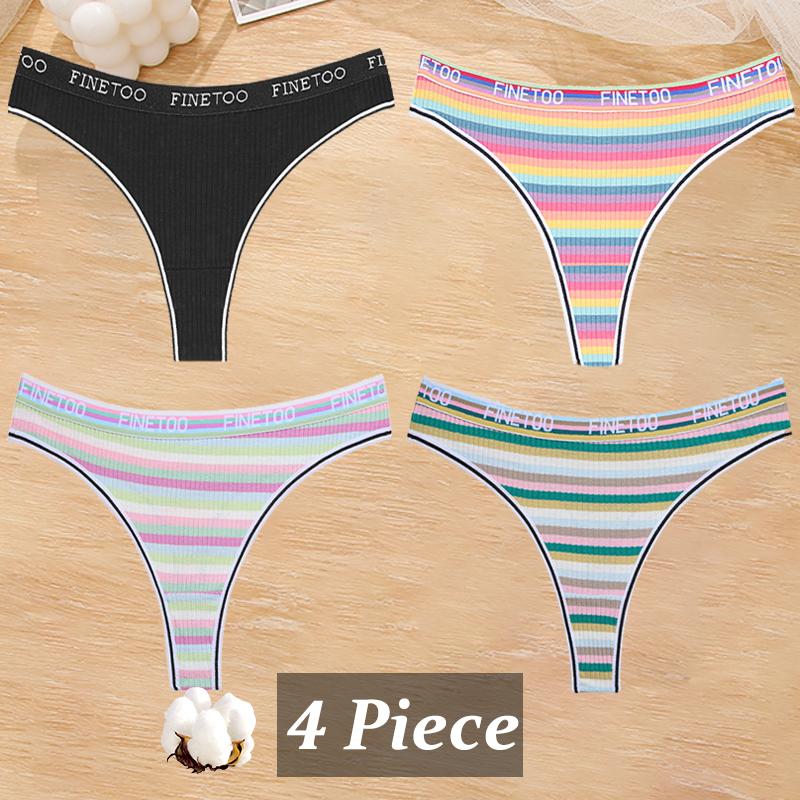 4Pcs/Set Women Cotton Colorful Stripe Panties Sexy Underwear G-Strings Rainbow Thongs Female Soft Breathable Intimates Lingerie