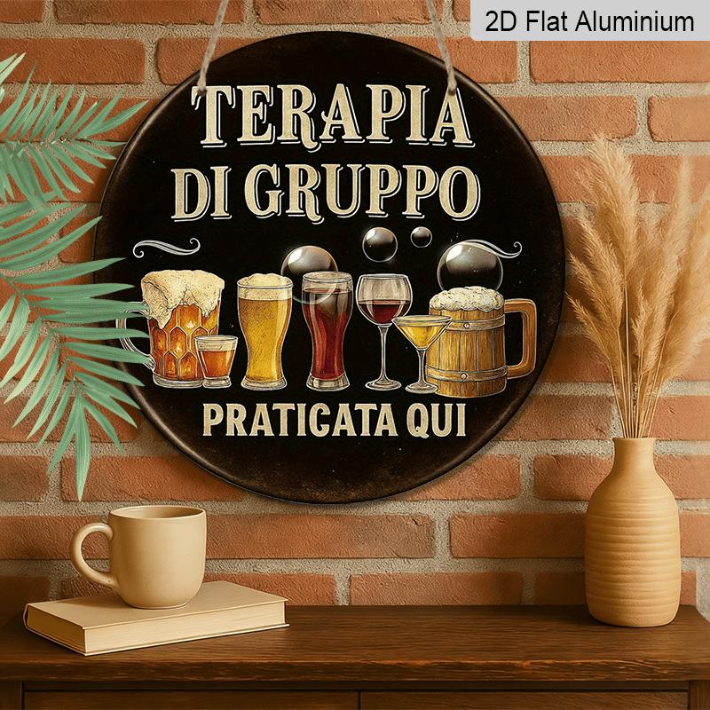 2D Flat - 1pc 2D Flat, 7.87*7.87 Inch Round French Aluminum Sign, "Group Therapy" Retro Decorative Plaque, "Bar Party" Decorative Sign, Suitable for