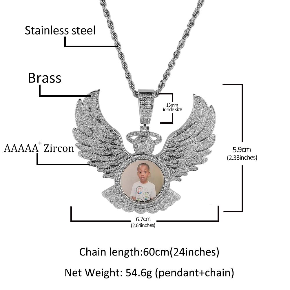 THE BLING KING Custom Angel Wings Round Photo Pendant DIY Pictures Memory Medallions Necklace Personalized HipHop Jewlery