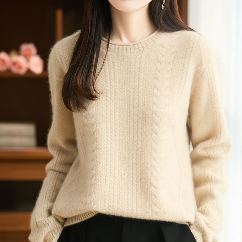 Women's 100% Pure Wool Round Neck Cable Knit Sweater - Thickened, Rolled Edge, Loose Fit for Autumn & Winter