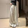 Cement Gray Textured Tailored Trousers for Women - Summer Drapey High-Waisted Loose Casual Pants