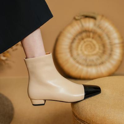 Мода 2025 Осень/Зима Женские Ботинки Натуральная Кожа Женская Обувь квадратный Носок Массивный Каблук Обувь Ботильоны Современные Челси