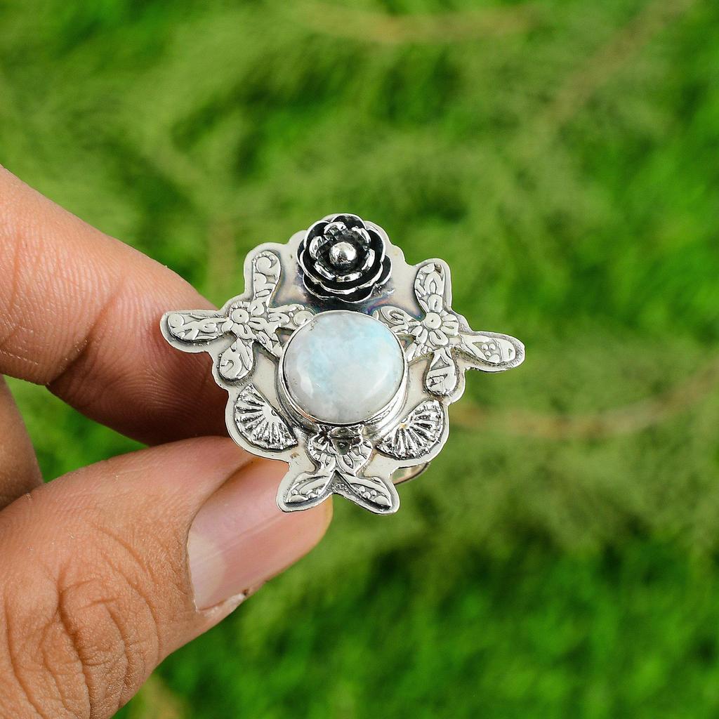 Natural Larimar Gemstone 925 Silver Multi Stone Flower Adjustable Ring For Girls