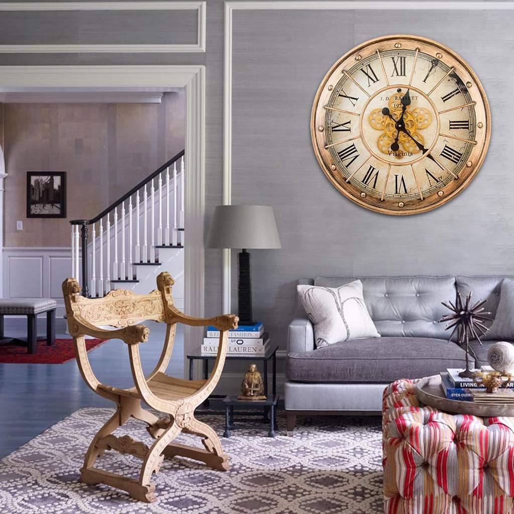 Retro Moving Gear Wall ClockVintage Industrial Steampunk Exposed Gear Clock for Living Room Decor