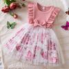 Girls Fashion Dress 2025 Summer Children's Flying Sleeve Printed Mesh Princess Dress Birthday Dress