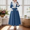 Women Casual Turn Down Collar 3/4 Sleeve Loose Patchwork Long Dress