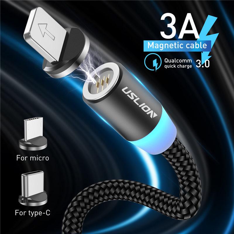 USLION 3A Магнитный USB-кабель для iPhone Кабель Micro USB Type C Магнитное зарядное устройство для быстрой зарядки Кабель Micro USB