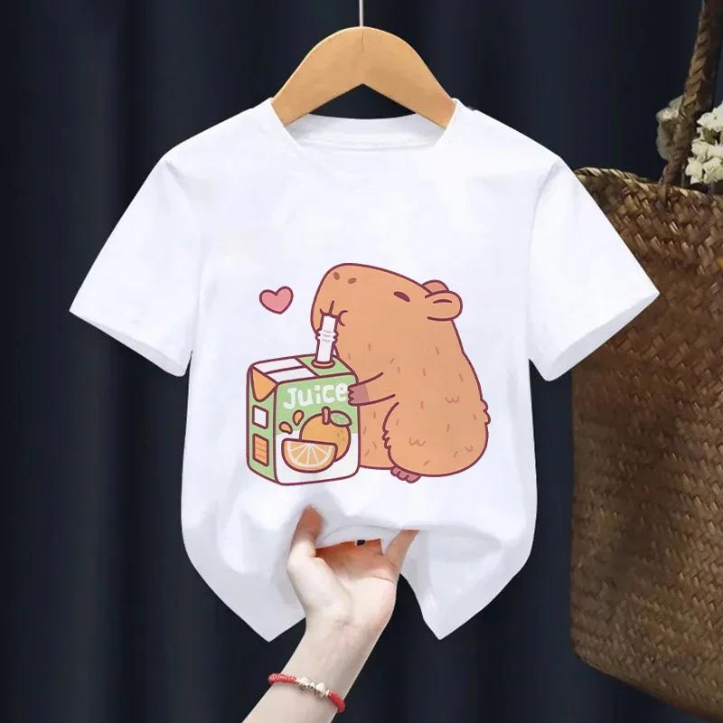 Kids Pure Cotton T-Shirt Cute Capybara Casual Short-Sleeve Cartoon Pattern Top Girls Kawaii Spring/Summer Children's Clothing
