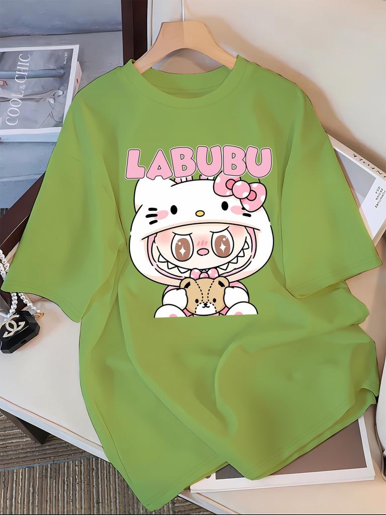 Labubu Cartoon Print Casual T-Shirt, Polyester 100% Crew Neck Short Sleeve Top for Spring/Summer/Fall - Knit Fabric Adult Tee