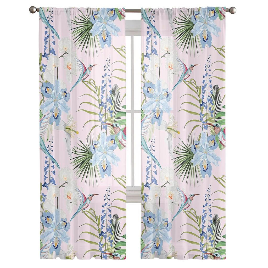 Flowers Bird Leaves Conifers Retro Bedroom Transparent Sheer Curtains Holiday Decoration Window Voile Tulle Curtain
