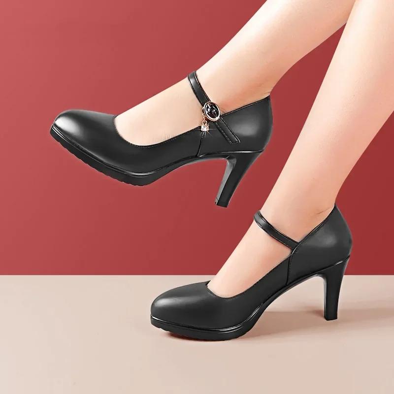 7 9 11 13 Small Size 32-43 Shallow Thick Bottom Genuine Leather Shoes Platform Pumps 2025 Block High Heels Shoes Model Office