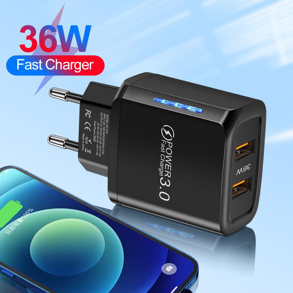 Быстрое зарядное устройство 36 Вт с двумя портами USB и светодиодной индикацией, двойной порт, дорожный адаптер