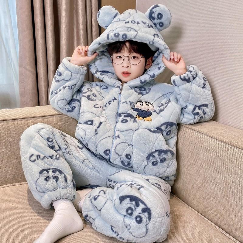 Boys Winter Warm Coral Fleece Robe With Hooded Design 3-Layer Cotton Padding Kids Sleepwear Long Sleeve Home Pajamas