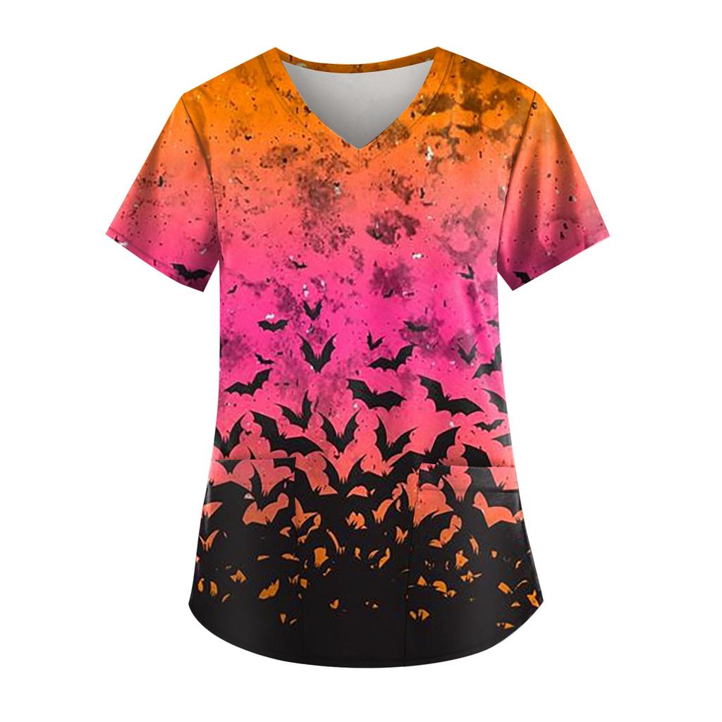 Плюс размер Хэллоуин печатная рабочая форма Топы для женщин футболки с v-образным вырезом и короткими рукавами рабочая одежда футболка с карманами