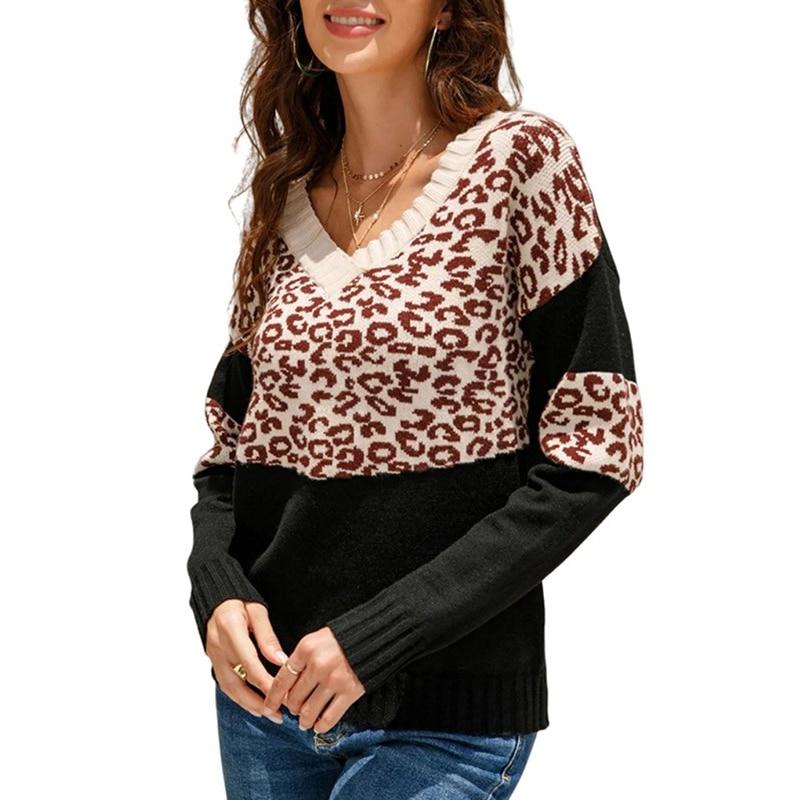 Модный пуловер с леопардовым принтом, осенние сексуальные свитера с открытыми плечами, свободная зимняя одежда, теплые вязаные топы 29446