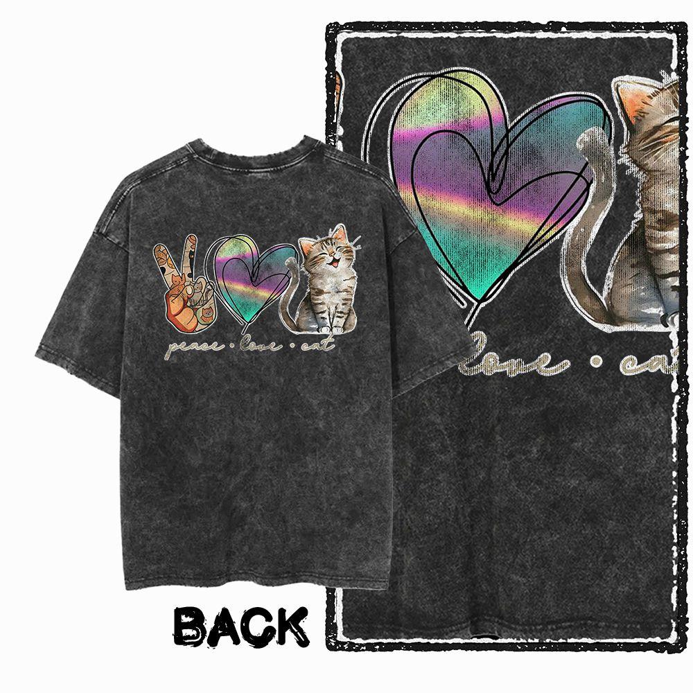 G Back Print Acid Washed Cotton Streetwear Cat Graphic Unisex Tshirt Big Size Cool Vintage Oneck Unisexs Tee Tshirt