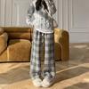 Женские брюки плюшевые с высокой посадкой длинные клетчатые двухслойные утолщенные эластичные повседневные