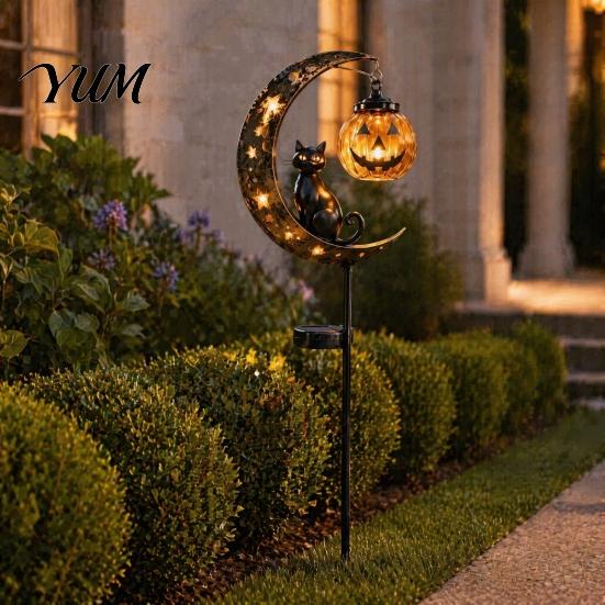 Automatic Dusk to Dawn Pathway Lighting Solar Halloween Black Cat & Pumpkin Moon Garden Stake Light, Waterproof on Warm Atmosphere Lights for