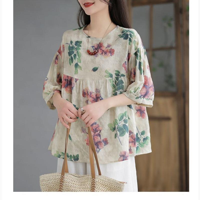Doll Shirt Short Sleeved Cotton Linen Round Neck T-shirt Women's Summer Plus Size Top Linen High-end Temperament Shirt