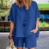 Women's Cotton Linen 2-Piece Outfit Short Sleeve Crewneck Pullover Top And Shorts Set with Pockets Summer Casual Loungewear Tracksuit