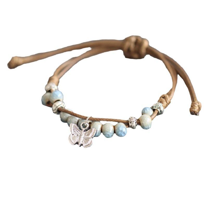 Chinese Butterfly Jingdezhen Ceramic Beaded Bracelet - Women's Retro Ethnic Style Hand Jewelry, Summer 2024