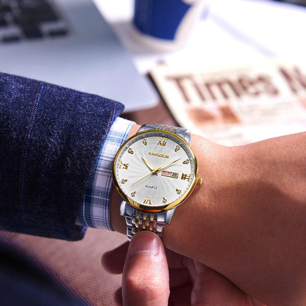 Men Quartz Wristwatch Round Dial Band Rhinestone Day Date Display Luxury Business Male Wrist Watch Fashion Watch Gift For Men