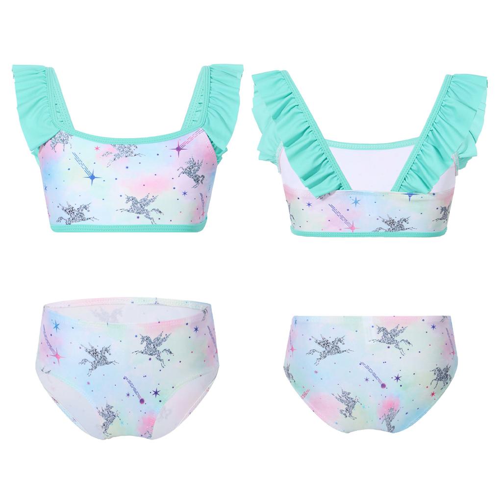 Детские купальники, топы с рюшами на бретелях, купальный костюм с принтом, комплект бикини из двух предметов для маленькой девочки