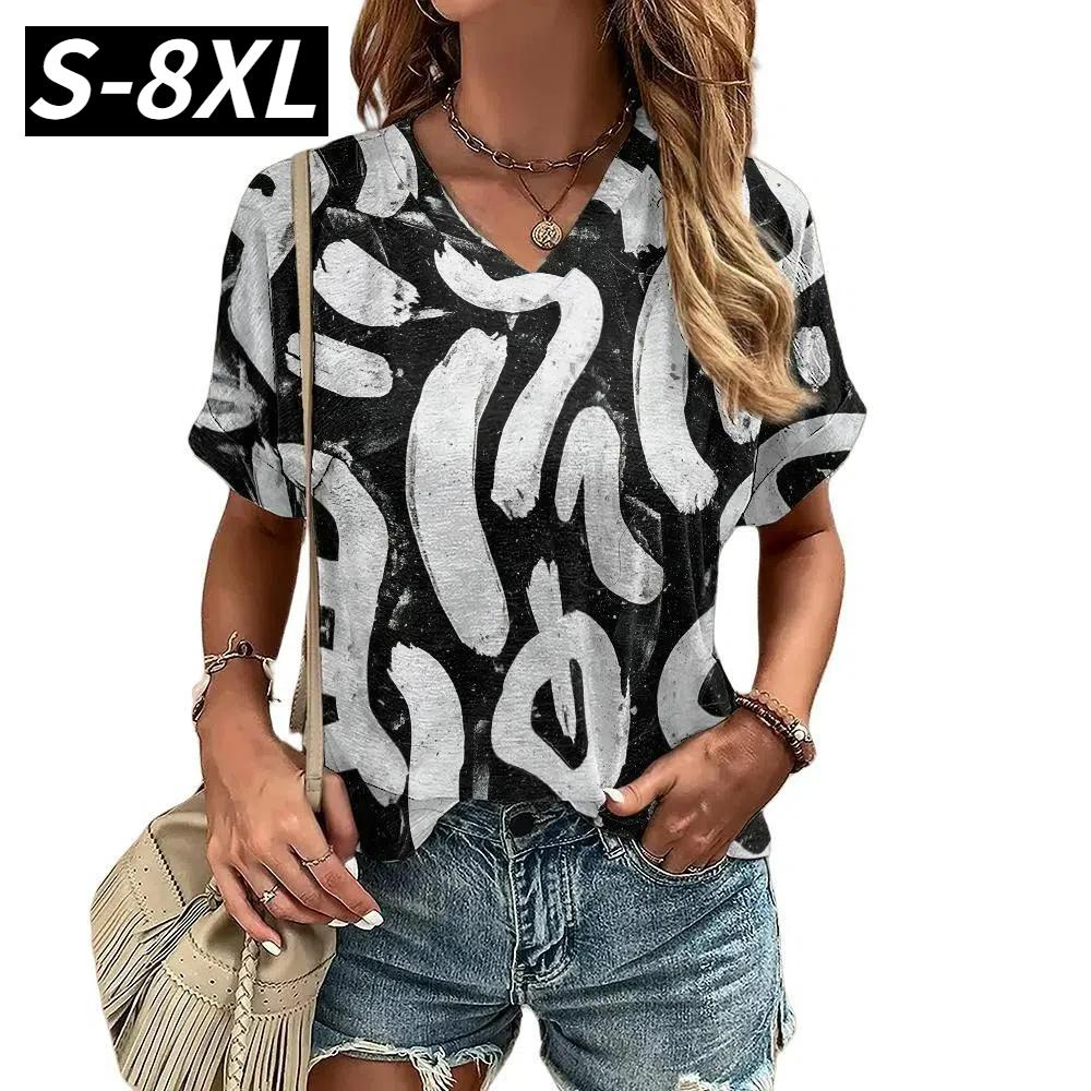 S-8XL Летняя футболка размера плюс для женщин с V-образным вырезом Повседневная мода Граффити Футболки Harajuku Одежда Свободные топы с коротким рукавом Пуловер