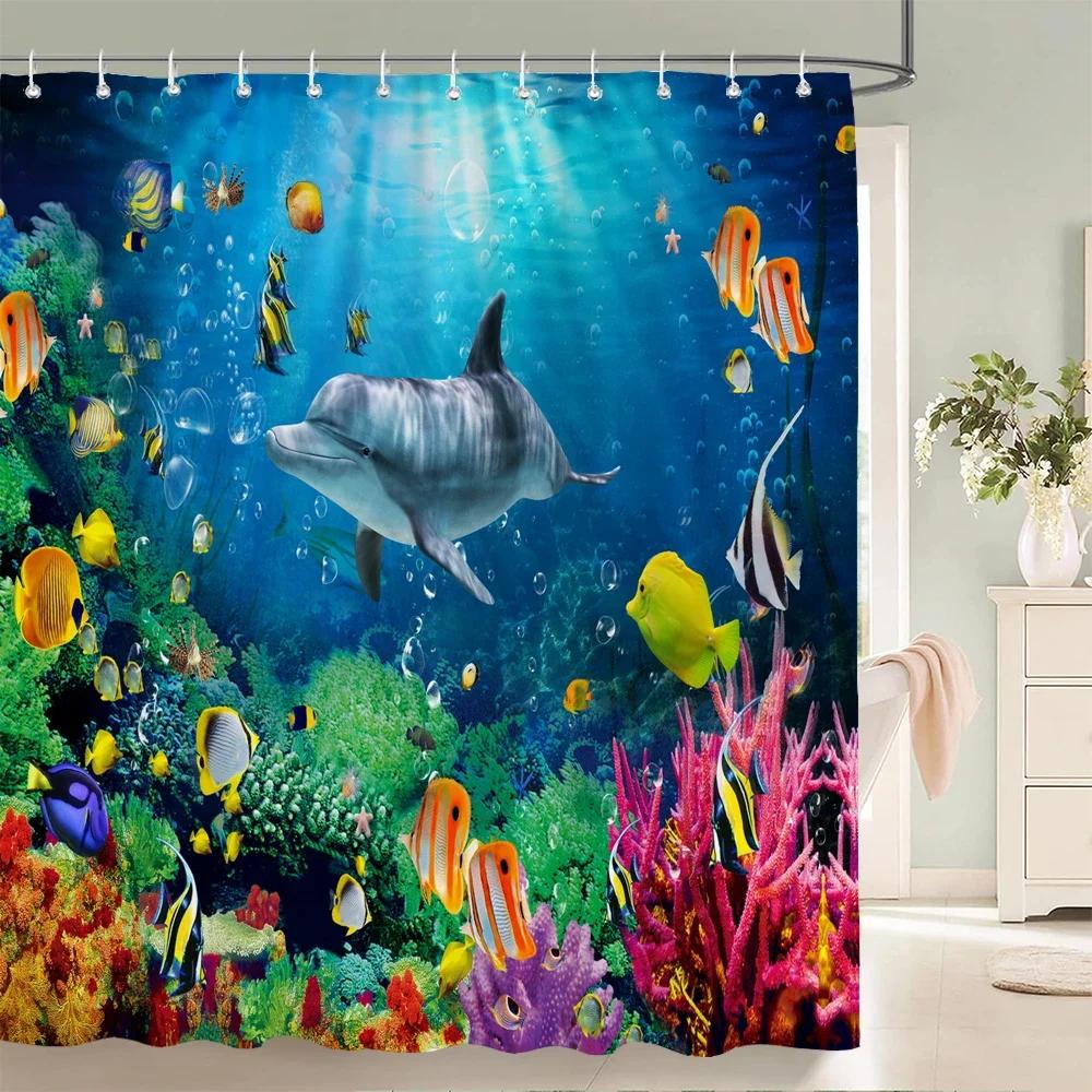Подводный мир Рыба Черепаха 3d Шторки для душа Океан Дельфин Морской пейзаж Ткань Водонепроницаемая Занавеска для ванны Декор для ванной комнаты Экран