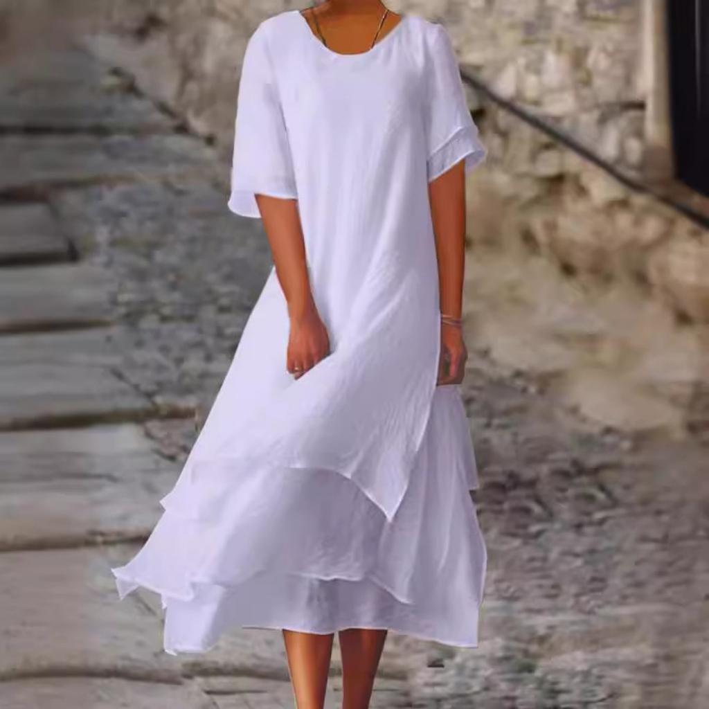 Plus Size Women's Bohemian Double Hem A-line Dress - Short Sleeved Round Neck Casual Vacation Dress, Beach Dress, Soft and Elegant Material