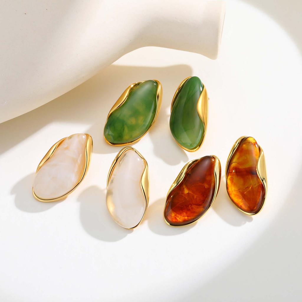 White Brown Green Resin Geometric Stud Earrings, Gold Plated Stainless Steel Earrings, New Design Jewelry for Women Gift
