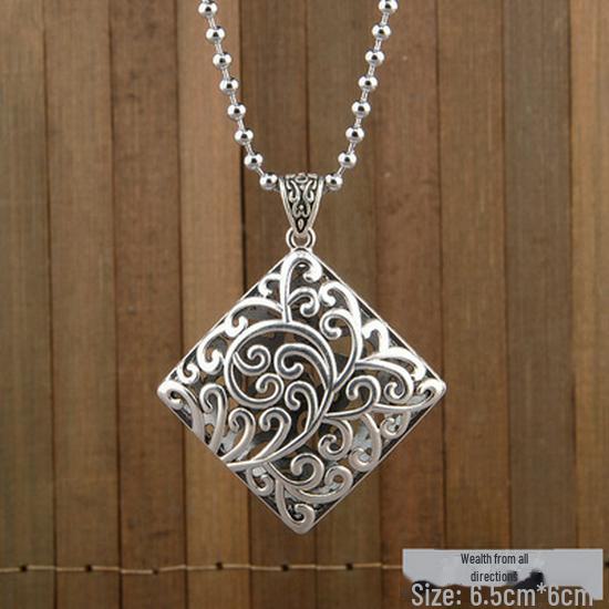 Retro Silver Peace Lock Pendant Necklace - Four-sided Wealth Women's Long Sweater Chain In National Style