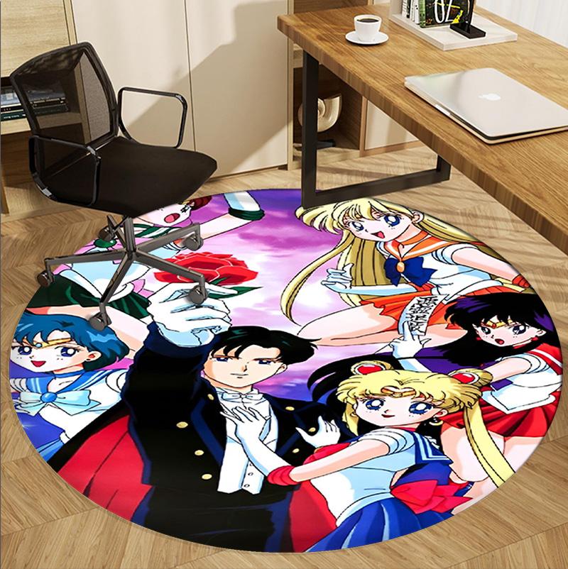Sailor Moon Pattern Round Rug, Indoor/Outdoor Mat, for Picnic, Gameroom, Bedroom, Office, Living Room, Home Decor Carpet, Birthday Gift