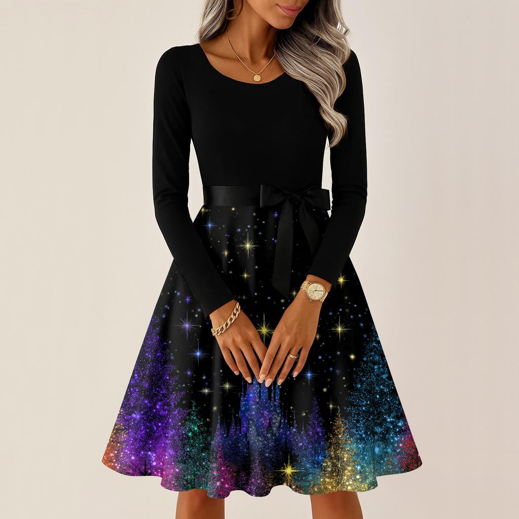 Women's Casual Fashion Round Neck Long Sleeve Christmas Printed Party Vintage Long Dresses