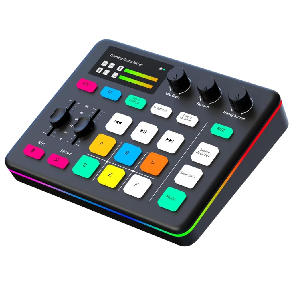 ESWN DNXB Gaming Audio Mixer, Audio Interface, Mixer with Voice Changer Button, Mute, Compatible with PCSmartphoneMicrophoneHeadphones, RGB Function,