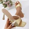 Luxury Gold Silver High Heels Sandals Women  Slip On Square Toe Summer Slippers Woman Plus Size 43 Thin Heeled Party Shoes