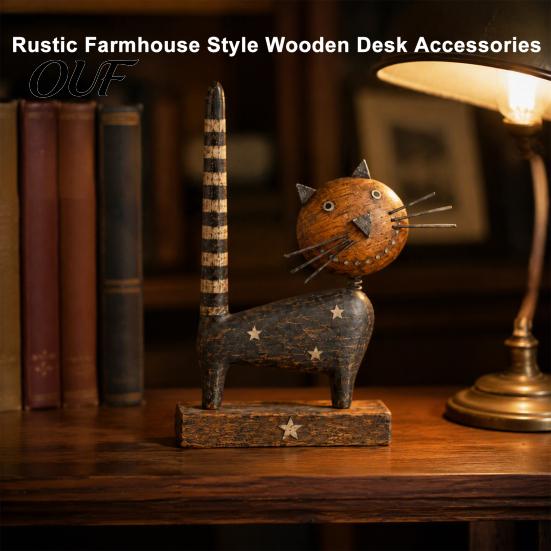 Rustic Farmhouse Table Decor Wooden Cat Ornament with Spring Shaking Head for Tabletop Decor, Handcrafted Retro Folk Art Animal Statue Desk